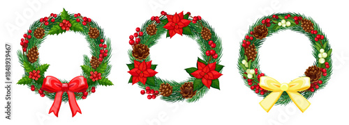 Set of Christmas wreaths with bows, ribbons in cartoon style. Vector illustration of Christmas pine wreath, cones, holly, branches with berries, poinsettia , mistletoe isolated on white background.