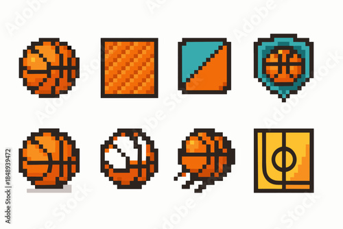 Pixel art basketball icon set. Retro basketball, sports icons outline collection