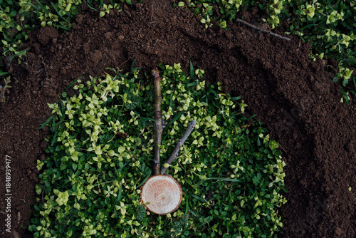 Top view of part of a clock made of soil on green grass with a wooden marker and two sticks resembling clock hands