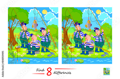 Find 8 differences. Drawing of funny sailors fishing on the river bank. Logic puzzle game for children and adults. Page for kids brain teaser book. IQ test. Hand drawn flat vector illustration.