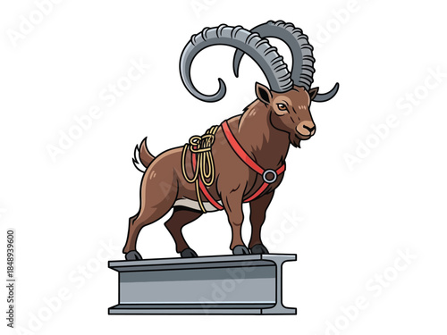 A cartoon illustration of a brown ibex with large curved horns standing on a steel beam.