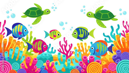 Vibrant ocean scene with colorful fish and sea turtles swimming