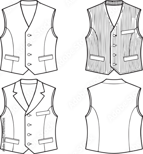 Four different views of a vest with buttons and pockets