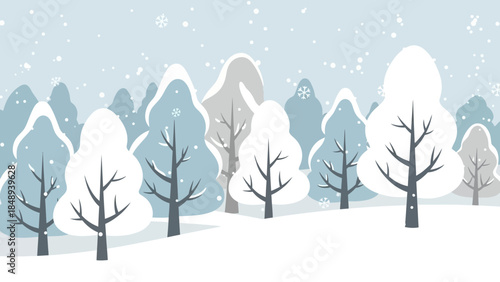 Snowy landscape with bare trees and snowfall in winter