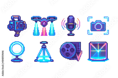 Retro technology pixel icon set. Vintage gadgets, media icons outline collection