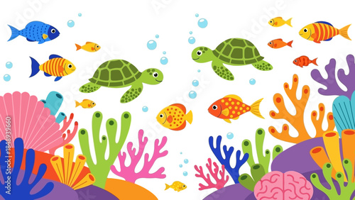 Vibrant ocean scene with sea turtles and colorful fish swimming