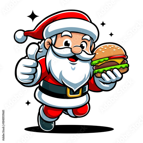 Jolly Santa Claus Giving Thumbs Up with a Delicious Hamburger