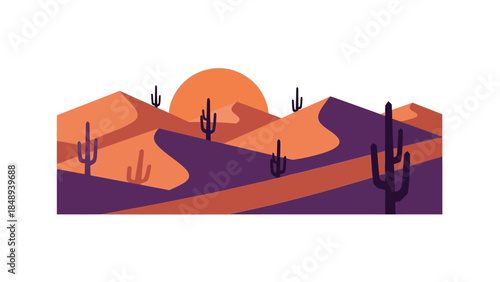 Vibrant desert landscape with cacti at sunset in purple and orange hues