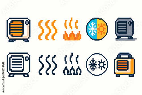 Heating and cooling pixel icon set. Climate control and temperature pixel art collection
