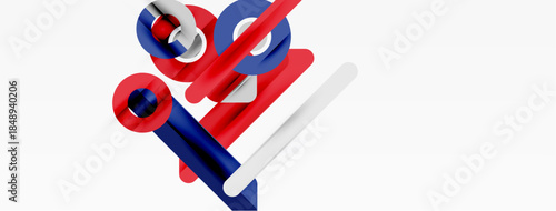 Abstract geometric shapes, red, white, blue cylinders intersect. Minimalist design, clean lines, modern aesthetic. Bright colors contrast neutral background.