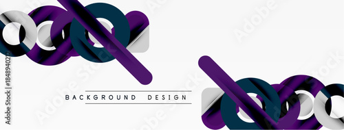 Abstract shapes, purple, teal, white. Minimalist design elements create modern background. Simple geometry, clean lines present.