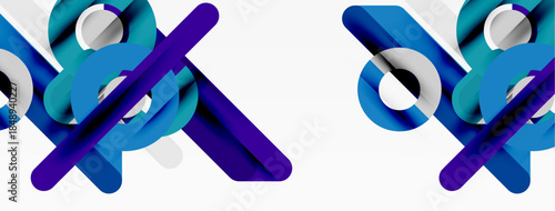 Abstract geometric shapes, blue tones dominate. Circular forms intersect with diagonal lines, creating dynamic composition. Minimalist design.