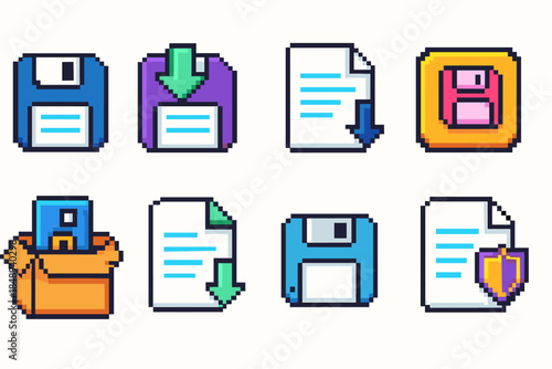 Digital storage icon set. Pixel style icons featuring disks, files, folders.