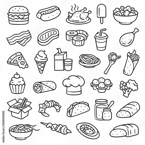 Black and white line art icons representing various food items and cooking 