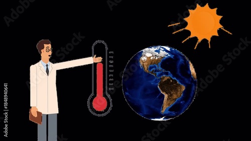 Climate change explainer animation showing a scientist speaking while the Earth rotates in the background. A thermometer rises and the sun emits strong rays toward the planet, symbolizing increasing g