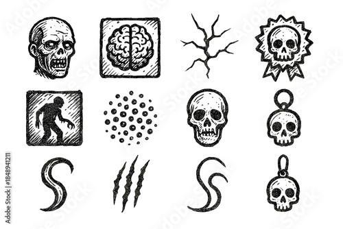 Horror, zombie outline icon set. Skulls, brains, halloween icons collection