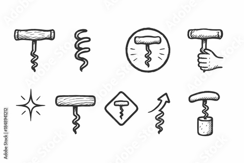 Wine and corkscrew outline icon set. Wine tools, corkscrew collection, outline style