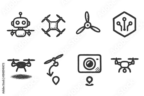 Drone, technology outline icon set with camera, propeller, and circuit symbols