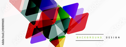 Abstract colorful shapes overlap, creating dynamic visual effect. White space dominates bottom portion, text present.