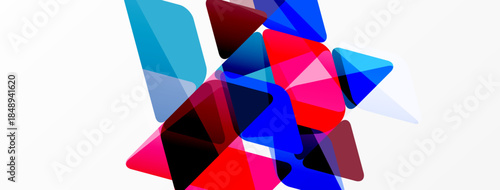 Abstract composition featuring overlapping translucent shapes. Colors include red, blue, pink, cyan. Minimalist design, clean background.