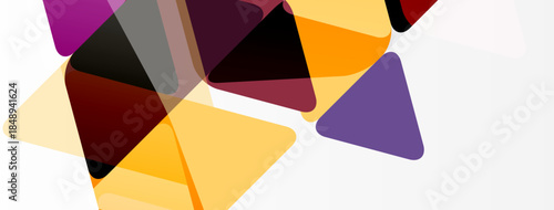 Abstract triangles overlap, creating dynamic composition. Warm tones dominate, with purple accents. Minimalist design, modern aesthetic.