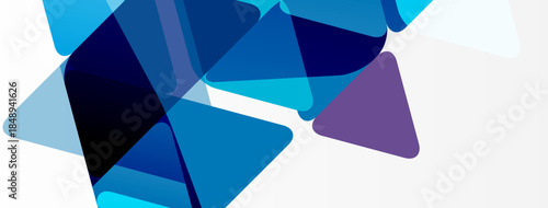 Abstract geometric shapes, mostly triangles, overlap creating dynamic blue purple composition. Minimalist design, clean aesthetic.