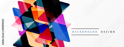 Abstract geometric shapes overlap, creating vibrant colorful design. White space provides contrast, modern aesthetic.