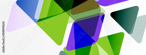 Abstract geometric shapes overlap, creating vibrant color blends. Triangles dominate composition, offering modern aesthetic.