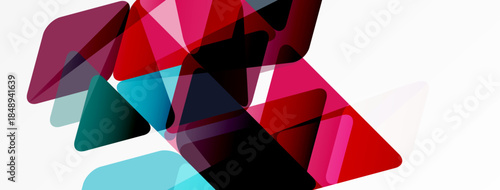 Abstract geometric shapes overlap, creating vibrant color blends. Red, pink, teal dominate white background. Modern design elements present.