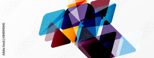 Abstract geometric shapes overlap, creating vibrant color gradients. Triangles dominate composition, suggesting movement, energy. Modern design.