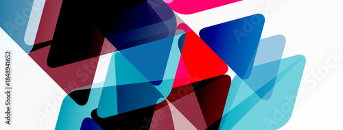 Abstract geometric shapes overlap, creating dynamic composition. Colors include blue, red, maroon, white. Modern design element.