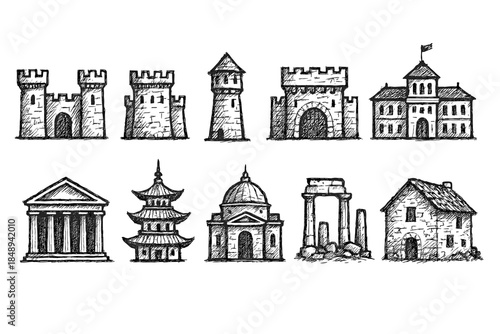Historic architecture sketch icon set featuring castles and temples in hand-drawn style