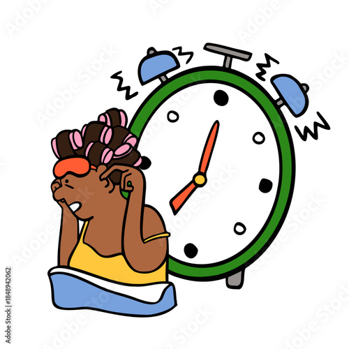 Woman waking up from a ringing alarm