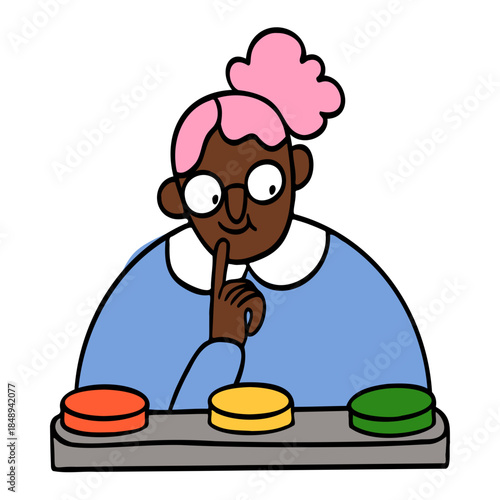 Woman choosing what button to push