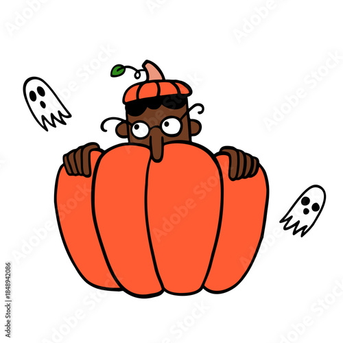 Man hiding from ghosts in Halloween pumpkin