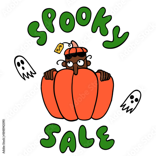 Spooky sale lettering and man hiding from ghosts