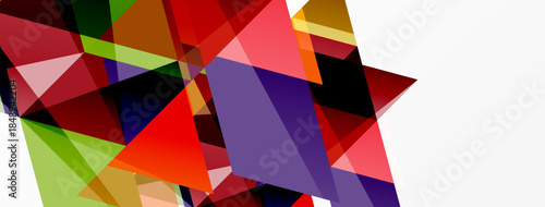 Abstract geometric shapes overlap, creating vibrant colorful composition. Red, purple, green dominate design. Minimalist style.