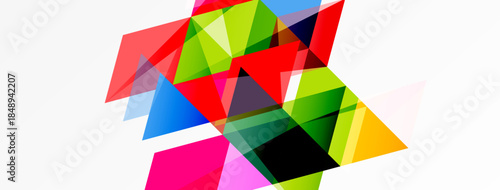 Abstract geometric shapes overlap, creating vibrant colorful composition. Triangles dominate design, offering modern aesthetic.