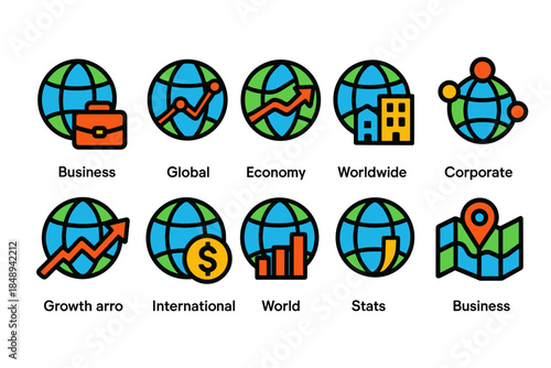 Business, global economy flat icon set. Worldwide, corporate symbols collection