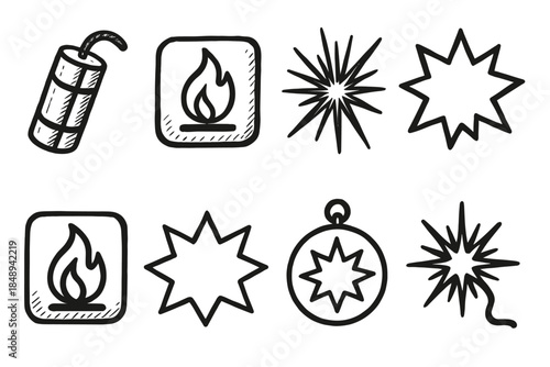 Fireworks, pyrotechnics outline icon set. Celebration, festival line art icons collection