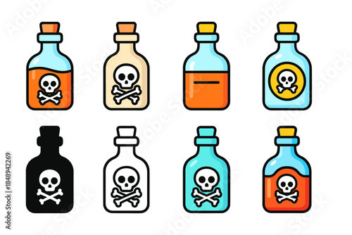 Poison warning icon set. Hazard, safety symbols in flat style for cautionary design
