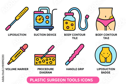 Plastic surgery tools icon set. Liposuction, contouring, and surgery icons in flat style