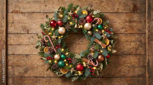 christmas wreath on a wooden door