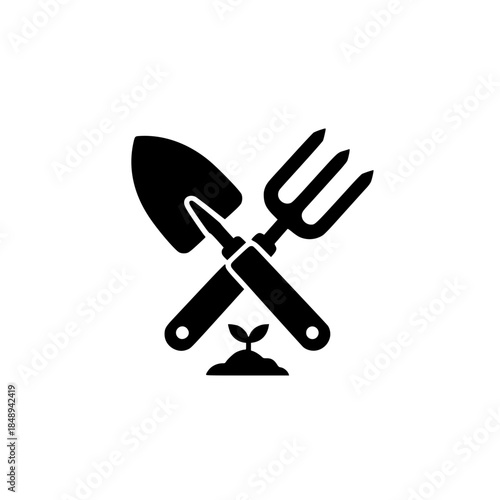 Bold Minimalist Garden Trowel and Fork Vector Icon. Black and White Flat Design Hand Tool Silhouette for SVG Cutting Files, Horticulture Branding, Planting Logo, and Modern Gardening Illustration Set