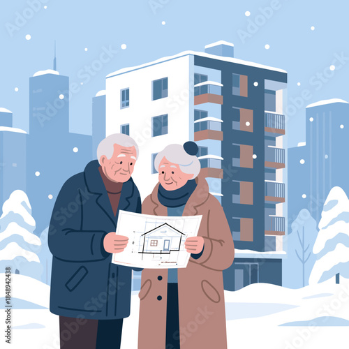 Happy senior couple illustration examining house blueprint representing Real estate and housing for seniors against modern apartment building winter background