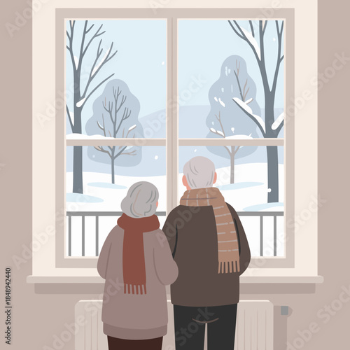 Rear view of senior couple illustration looking out window representing Real estate and housing for seniors at snowy winter landscape