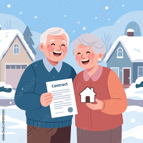 Happy senior couple illustration holding contract and house model representing Real estate and housing for seniors against residential neighborhood winter background