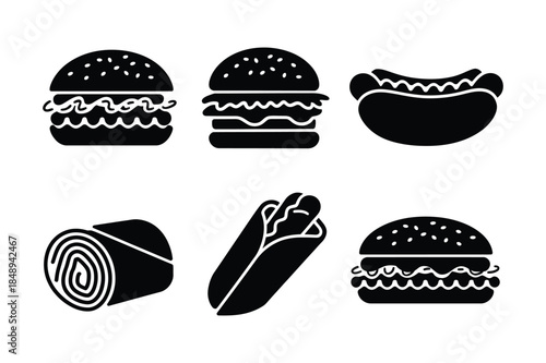 Collection of 6 black icons representing fast food items like burgers, hot dogs, and wraps