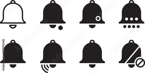 Notification Bell Icons Set – Alert, Mute and Ring Symbols in Black and White