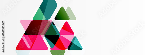 Abstract geometric shapes overlap, creating vibrant color composition. Triangles dominate design, offering modern aesthetic.